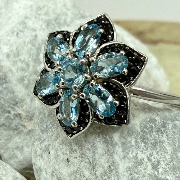 NWT Santa Maria Aquamarine & Black Spinel Daisy Ring Sz 10 Platinum 925 1.25ctw - Picture 6 of 17